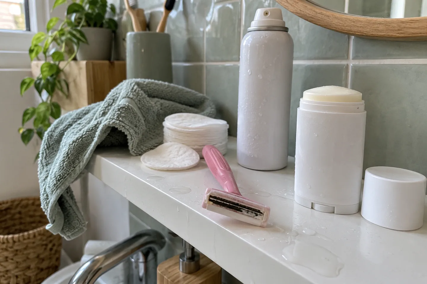 Rasoir, déodorant en stick et disques de coton sur une étagère de salle de bain