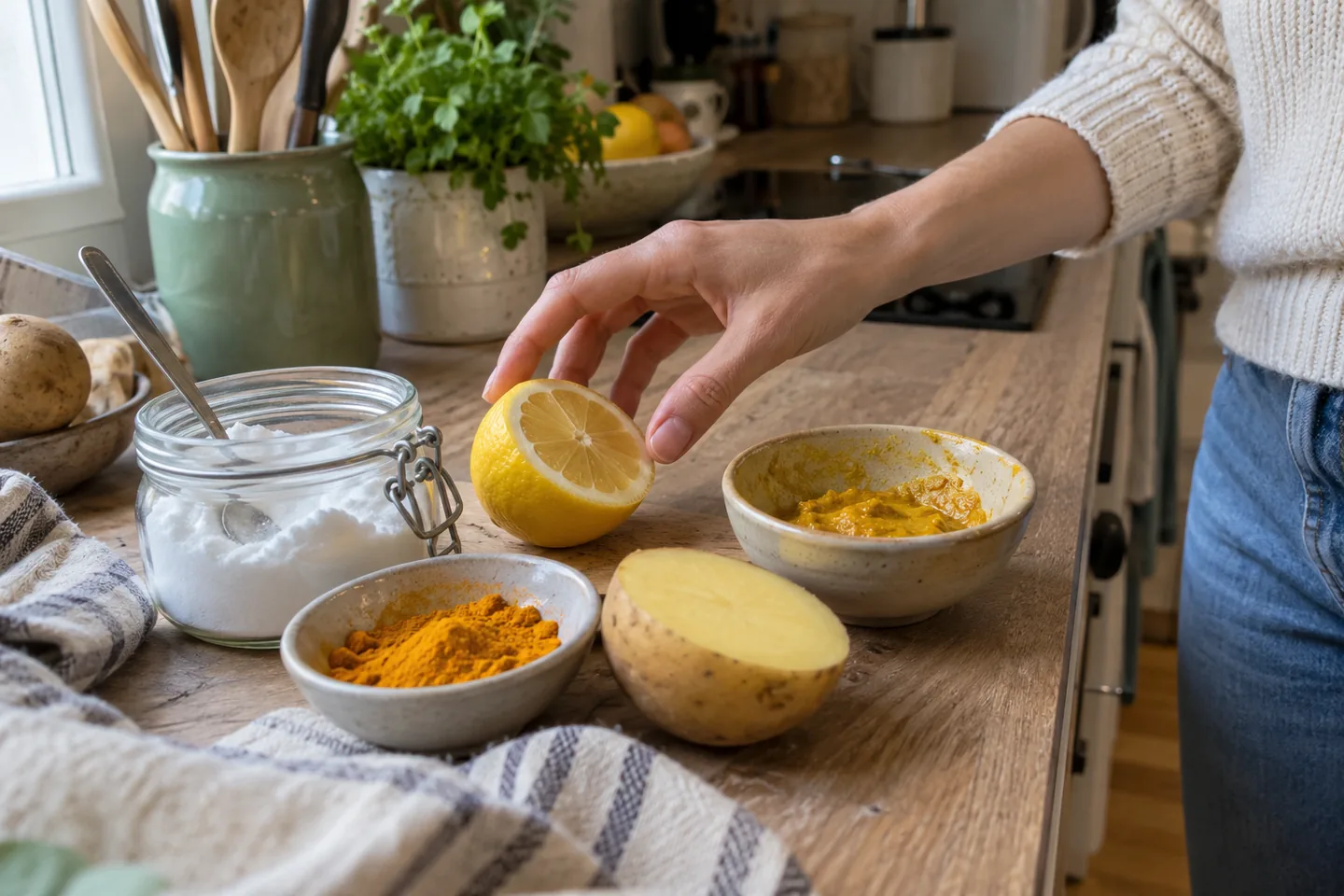 Citron coupé, bicarbonate et curcuma sur un plan de travail, remèdes maison à manier avec prudence