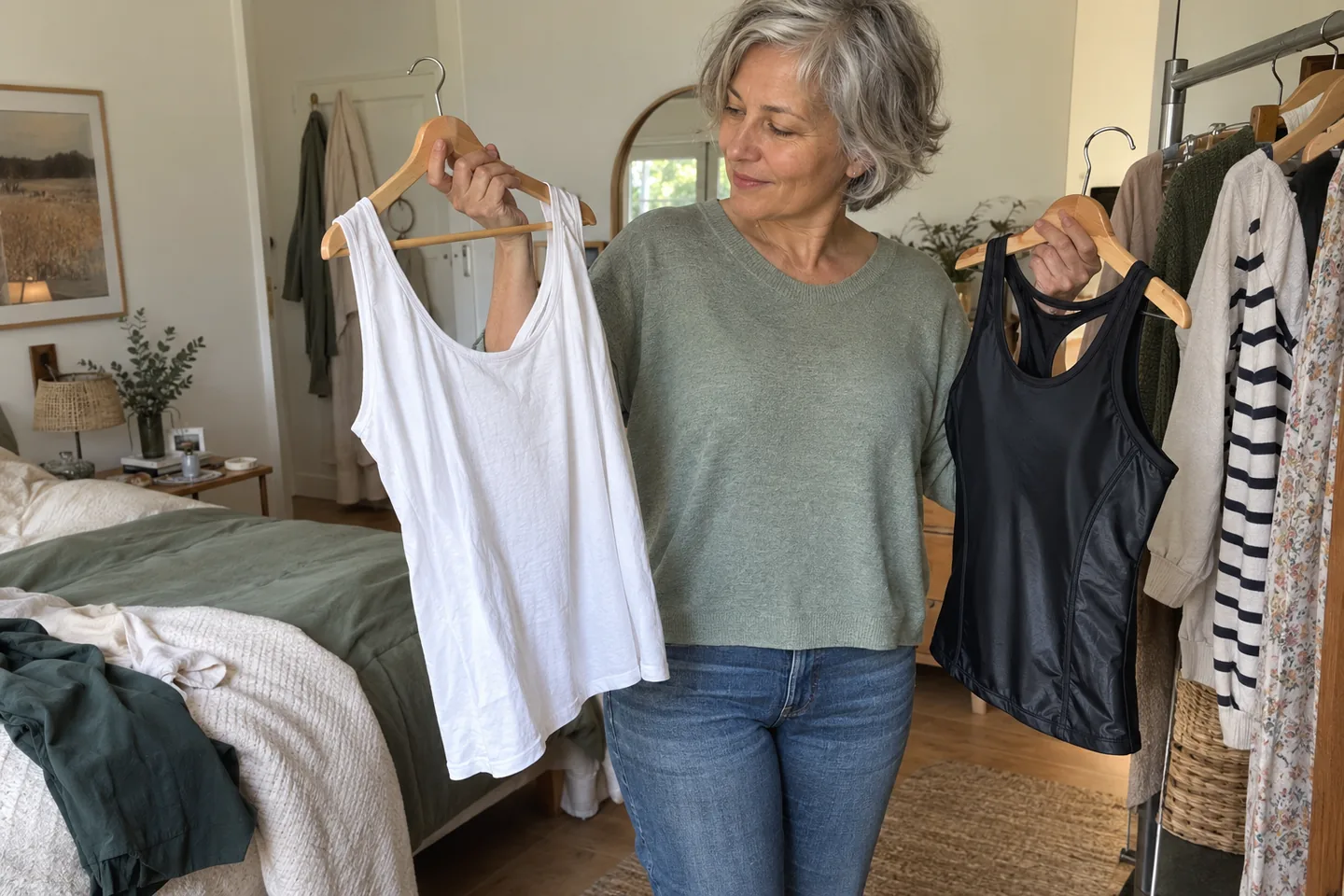 Femme choisissant un débardeur ample en coton plutôt qu’un haut synthétique serré