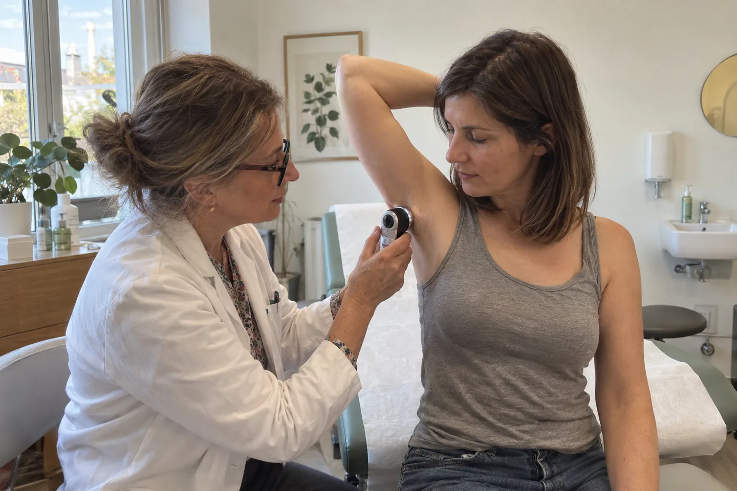 Dermatologue examinant la peau sous le bras d’une patiente avec un dermatoscope