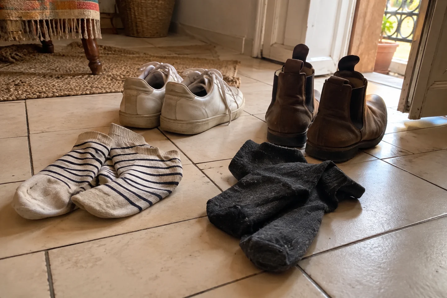 Deux paires de chaussettes propres et chaussures portées