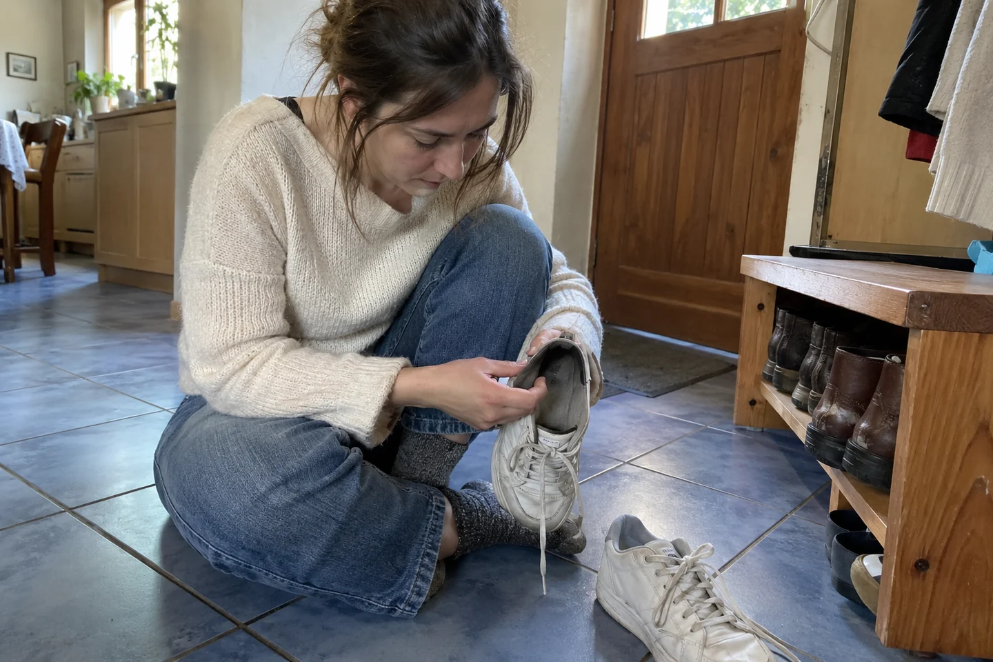 Une femme inspecte l’intérieur de sa chaussure