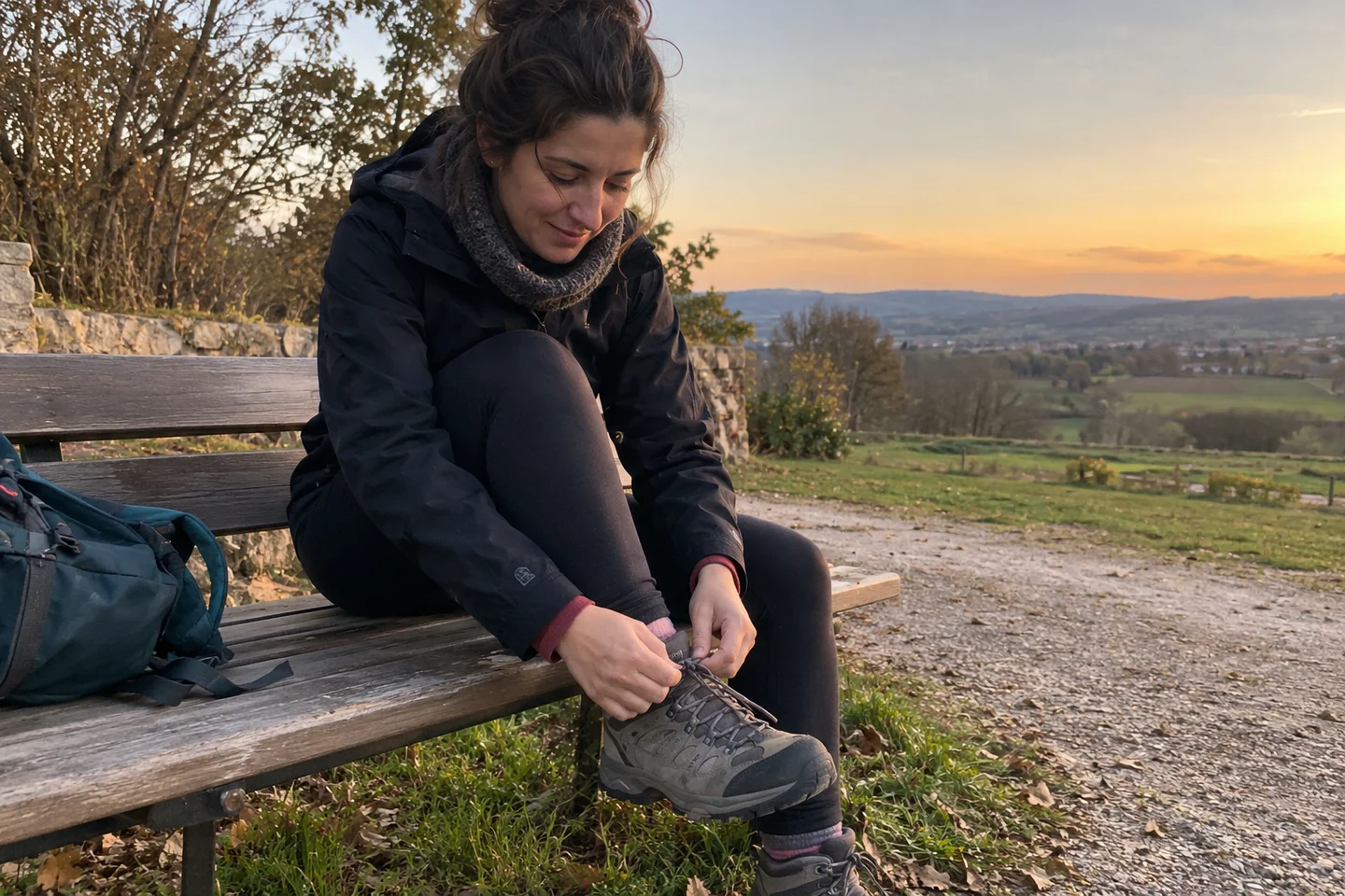 Une femme lace ses chaussures de marche sur un banc