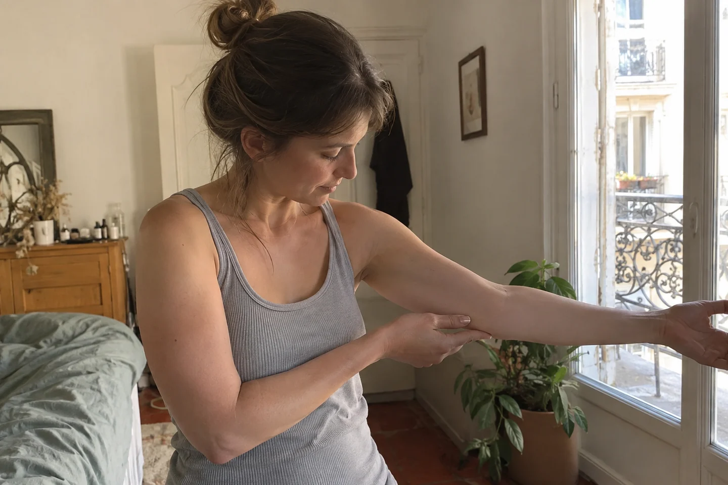 Une femme vêtue d’un débardeur vérifie sa portée sans forcer