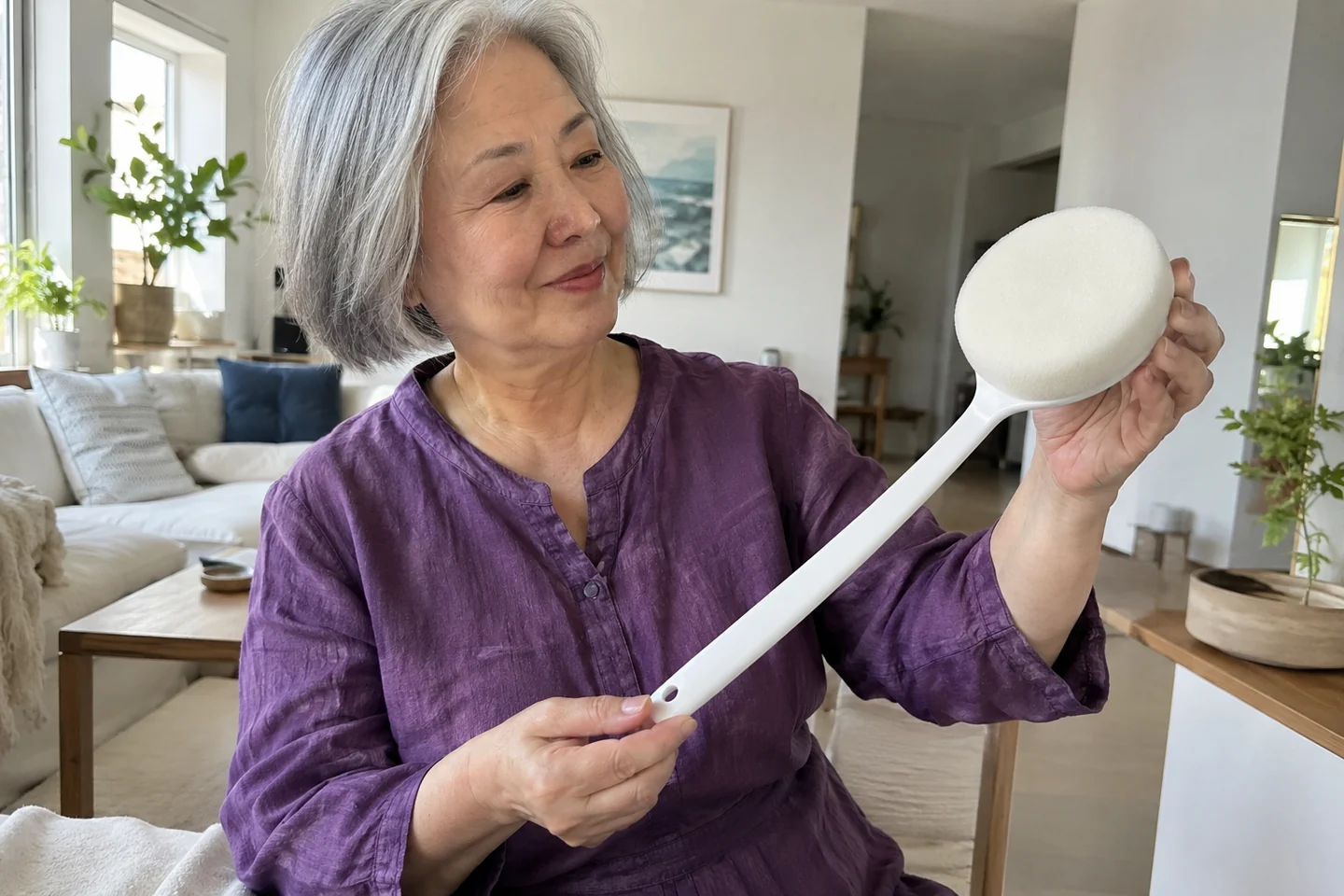 Une femme examine un applicateur à long manche