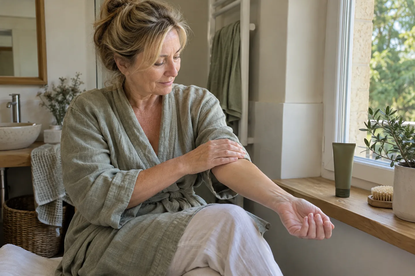 Une femme en tenue de détente regarde son avant-bras près d’une fenêtre de salle de bain.