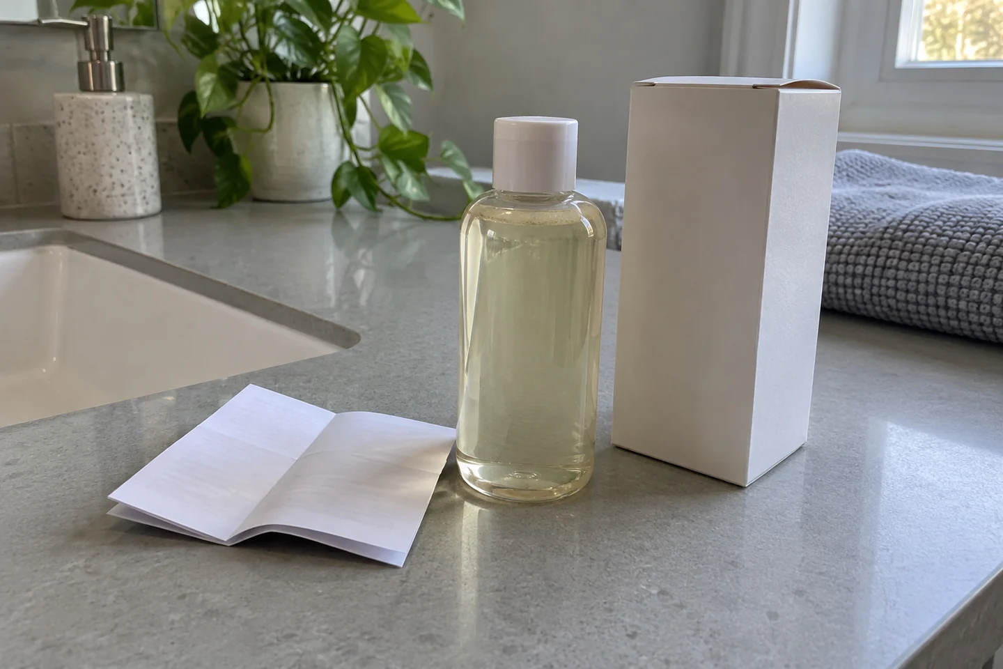 Un produit de bain et sa notice préparés avant utilisation
