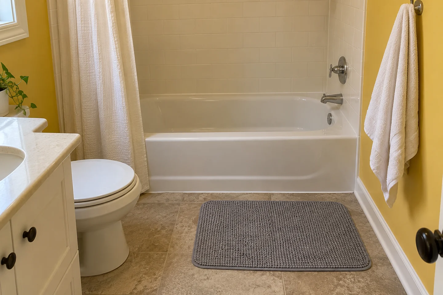 Un tapis de bain propre devant une baignoire
