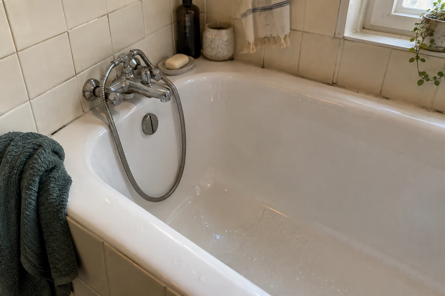 Un robinet fermé et une baignoire vide rincée