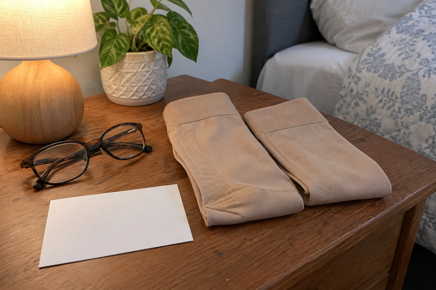 Bas beiges pliés près de lunettes et d’une carte blanche sur une table de chevet.