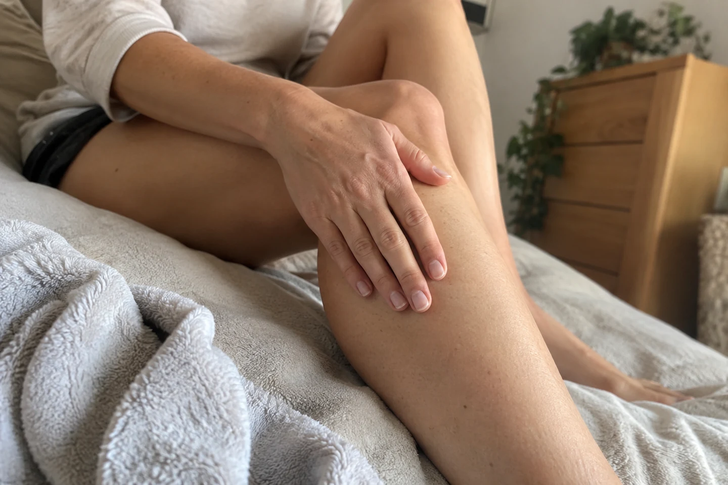 Main posée sur une jambe nue, près d’une serviette claire, sans avant-après.