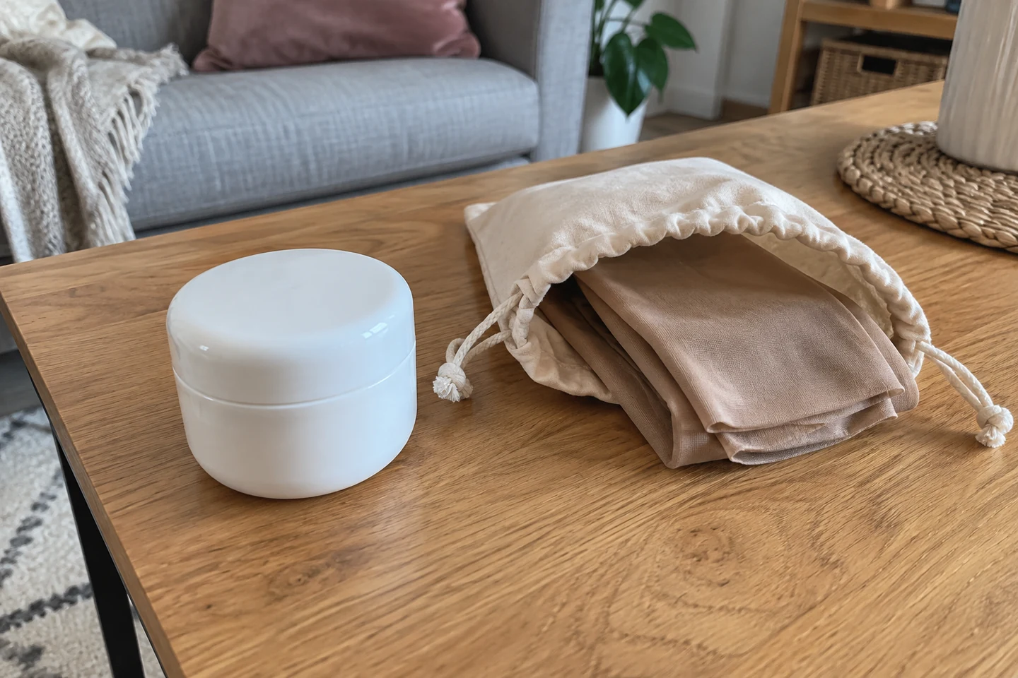 Pot de soin blanc fermé près de bas beiges rangés dans une pochette en tissu.