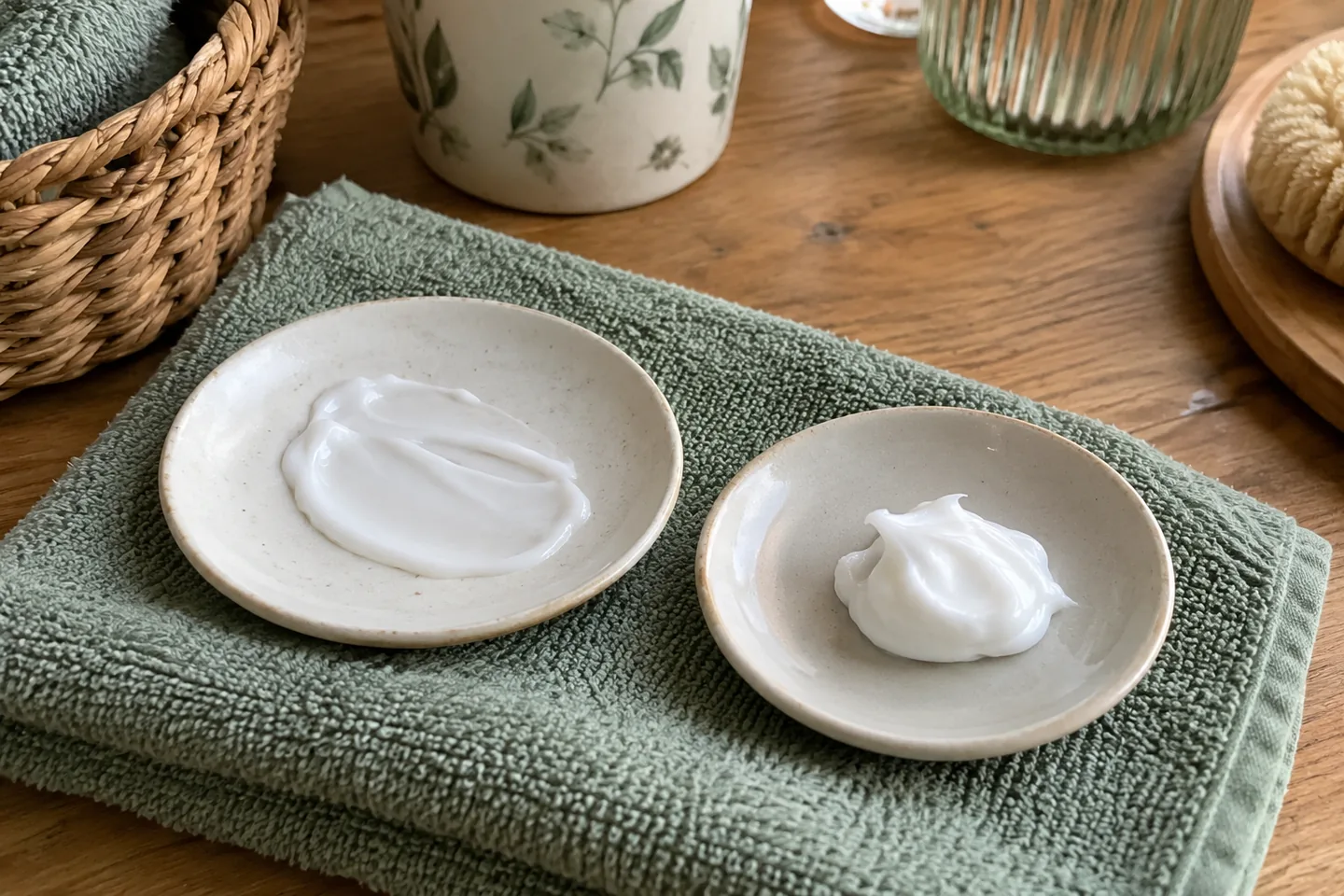 Deux textures blanches de soin représentées sur des coupelles distinctes