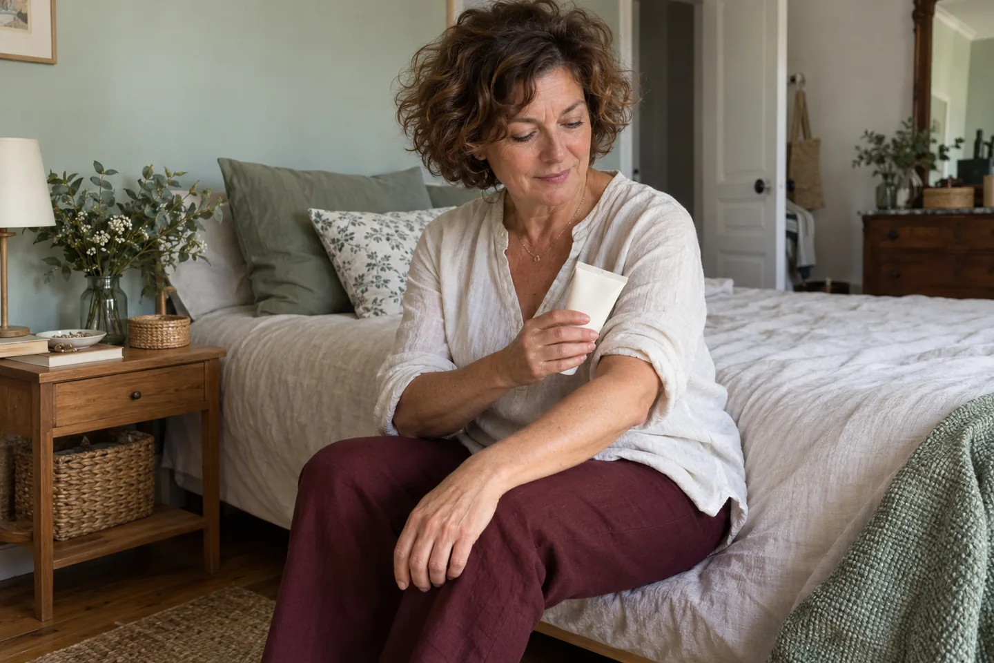 Femme tenant un tube de soin près de son avant-bras