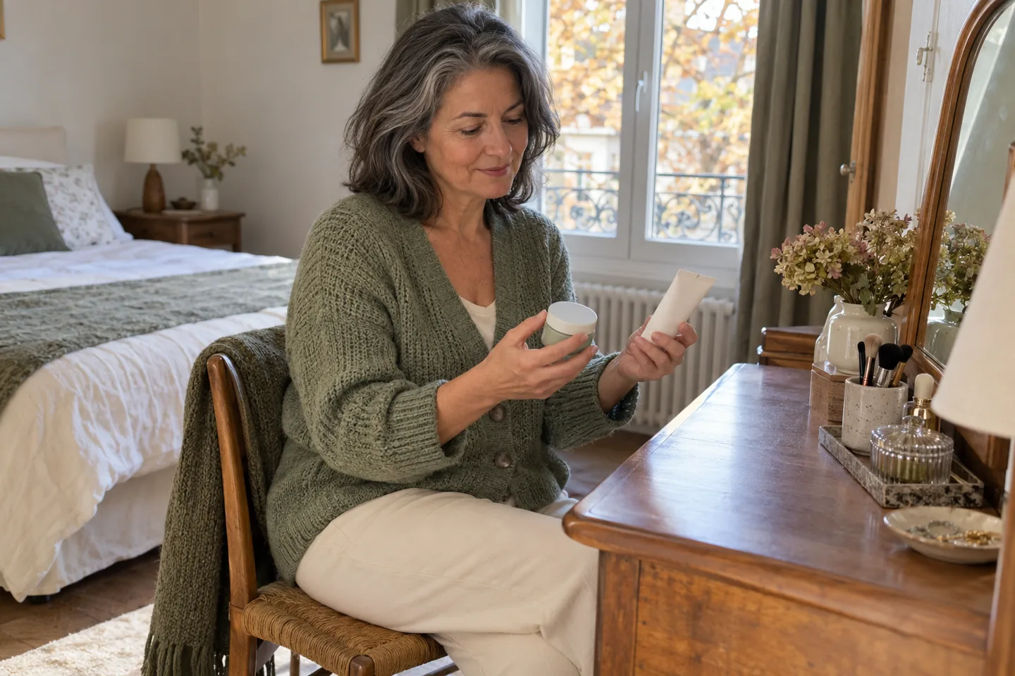 Femme comparant un tube fermé et un petit pot de soin sur une table