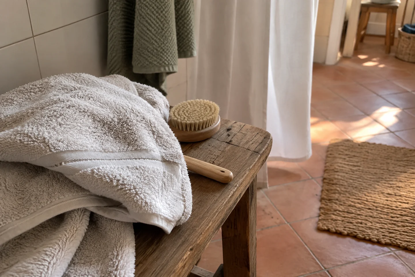Une serviette douce à côté de la brosse rangée
