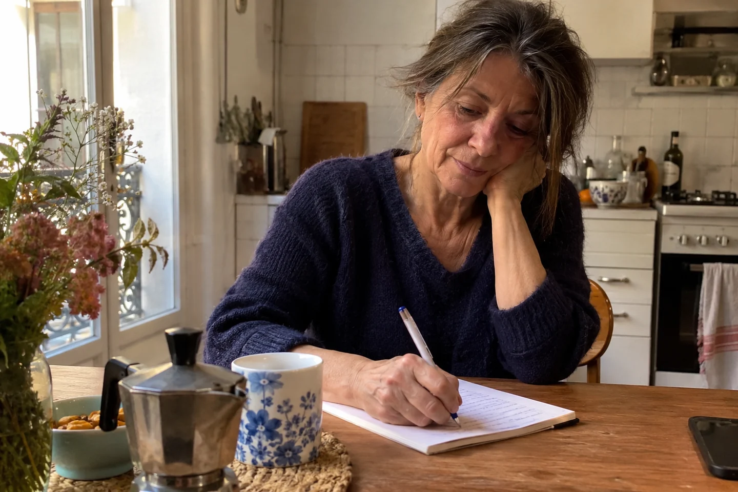 Une femme note quelques mots le matin