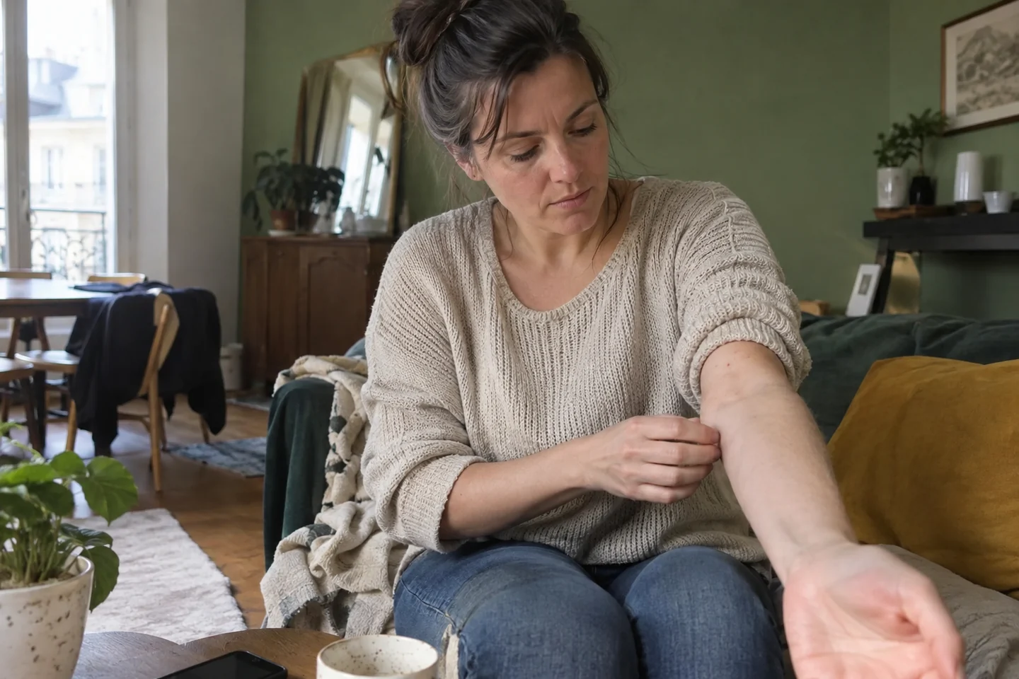 Une femme observe son avant-bras en lumière naturelle