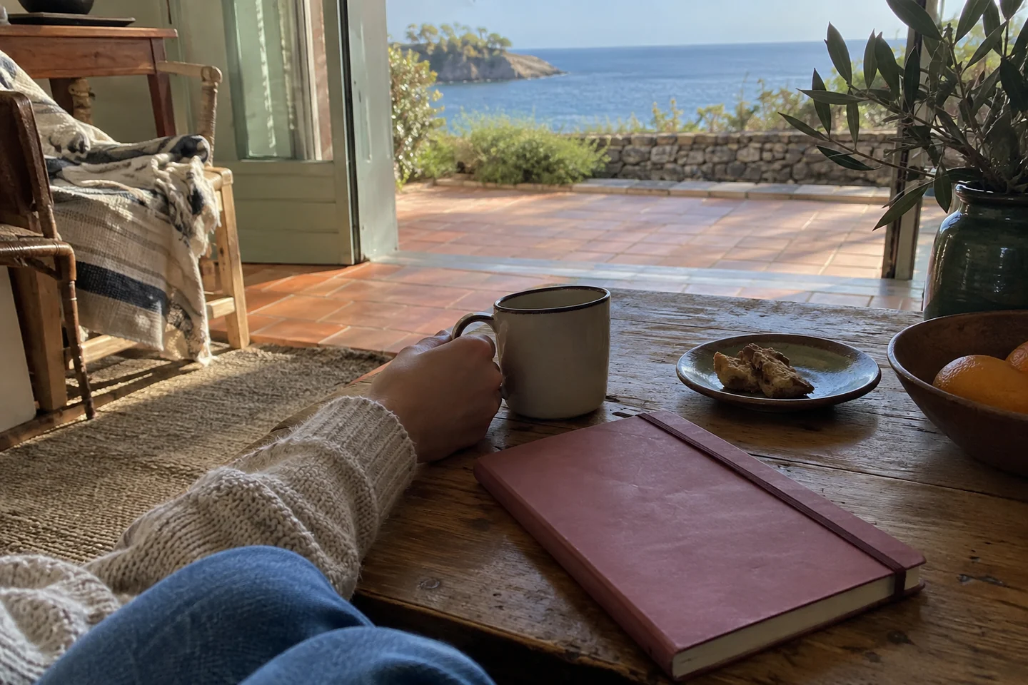Un carnet fermé près d’une tasse pendant une pause