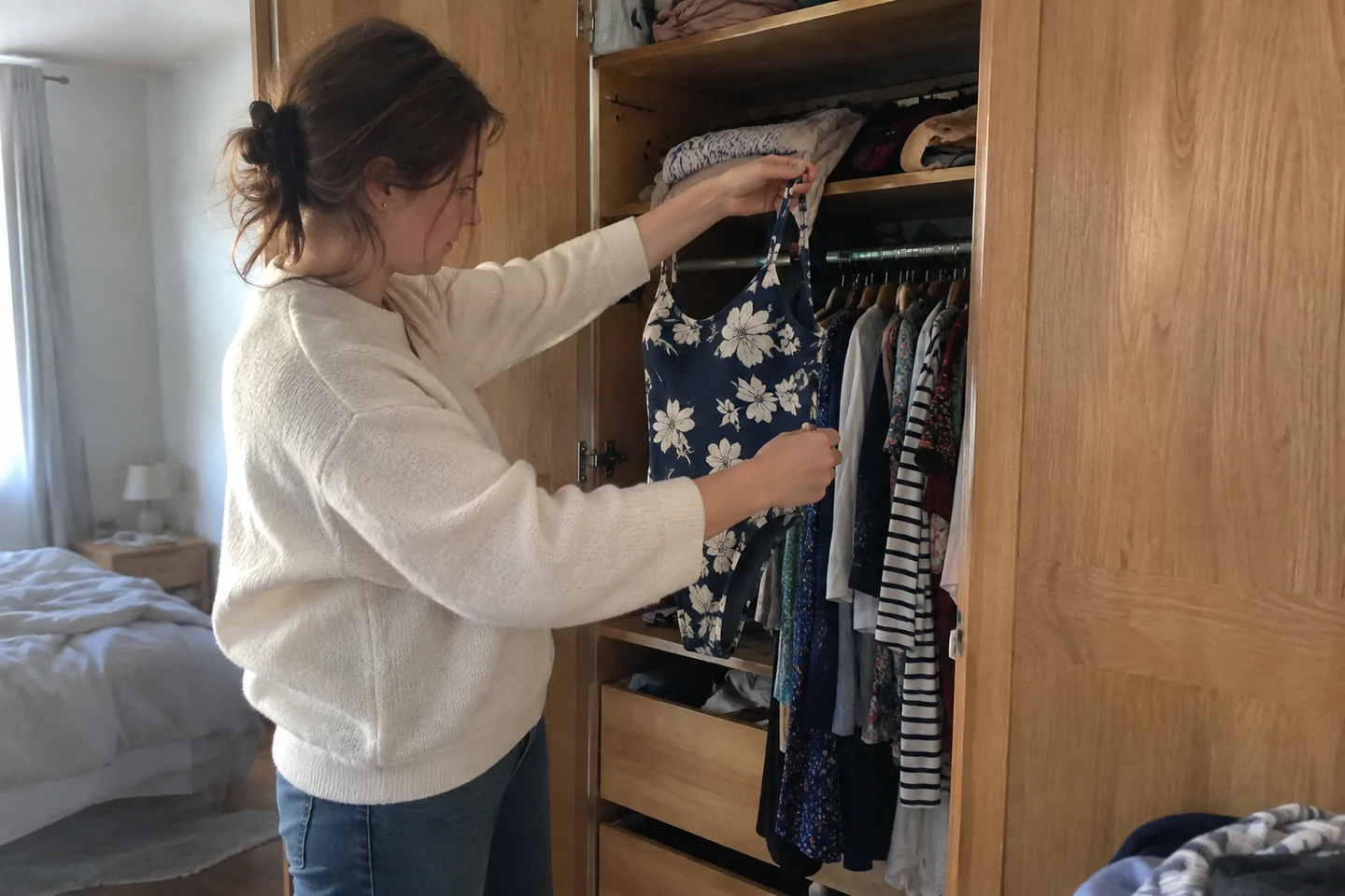 Une femme choisit un maillot dans son armoire