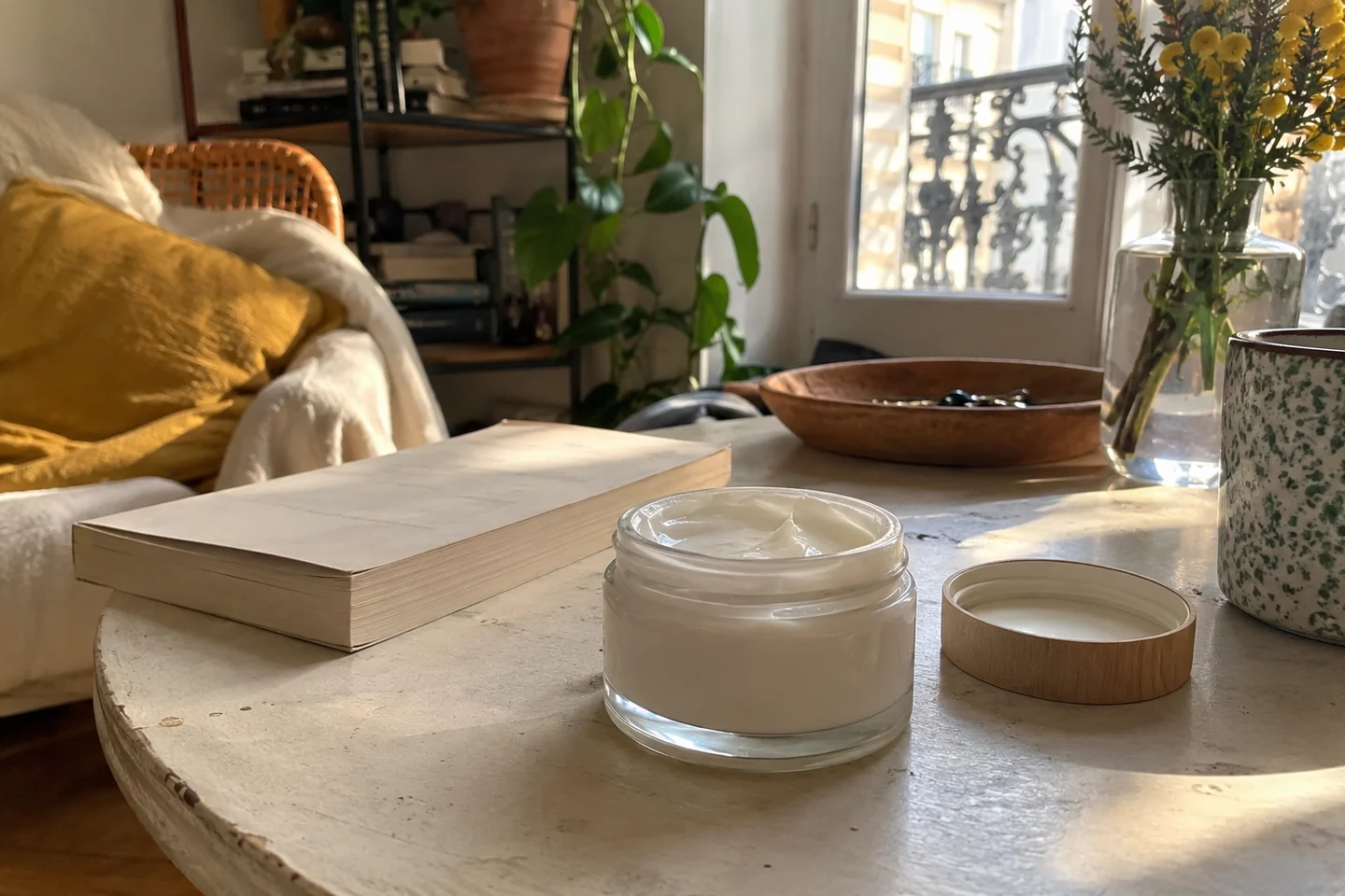 Une crème corporelle et un livre sur une table