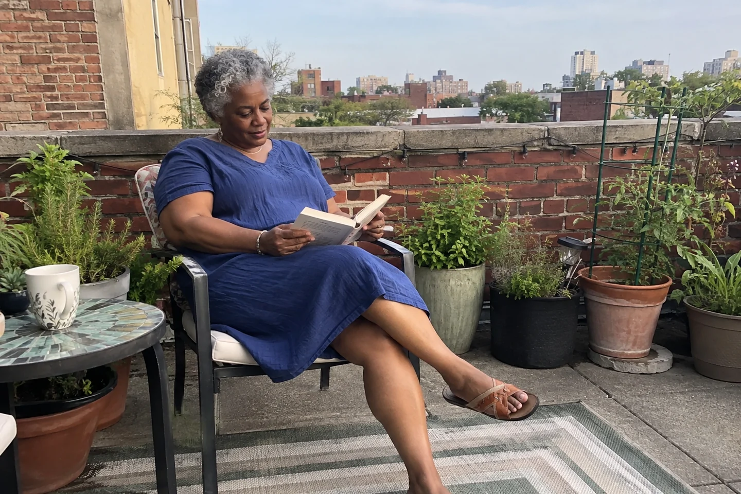 Une femme lit tranquillement sur une terrasse plantée