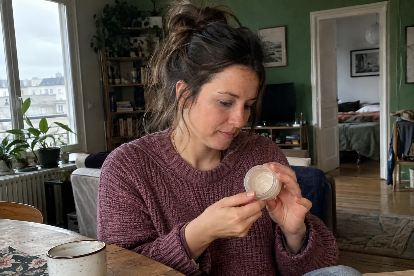 Une femme inspecte le fond de son pot de crème