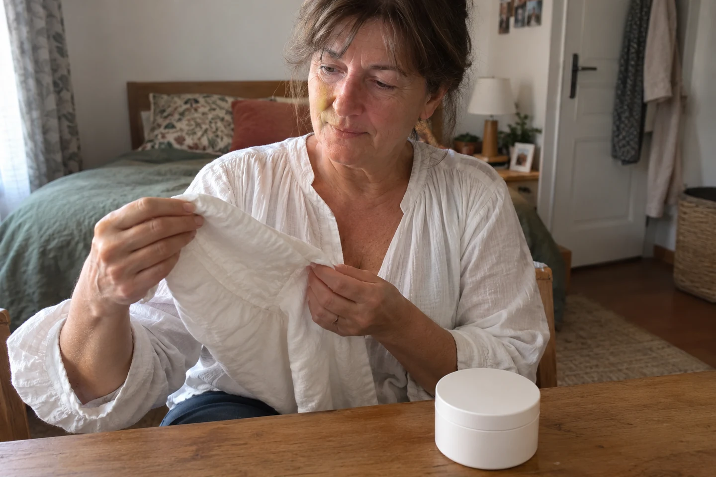 Femme observant le tissu d’un vêtement près d’un pot de crème fermé.
