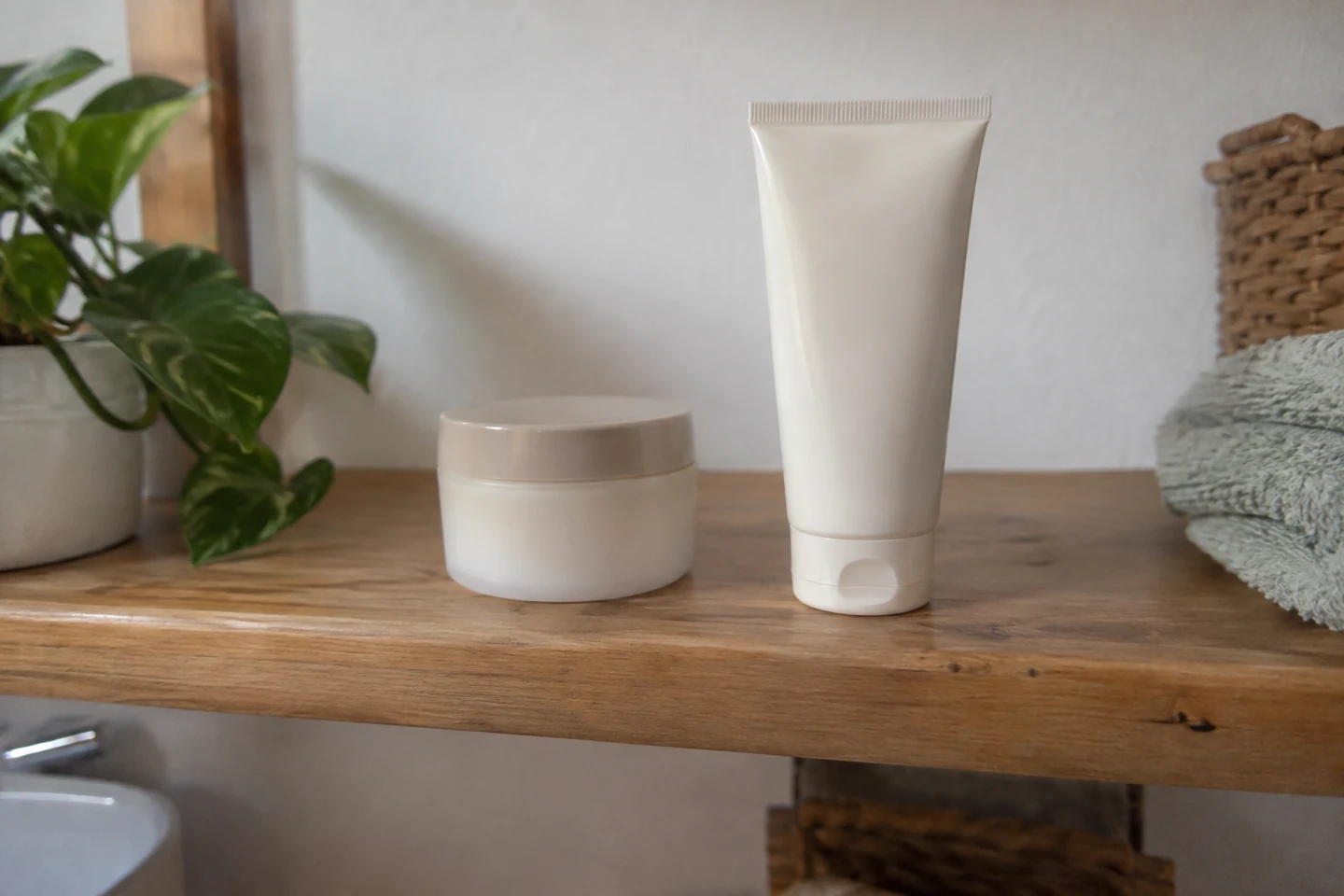 Pot et tube de soins fermés sur une étagère.
