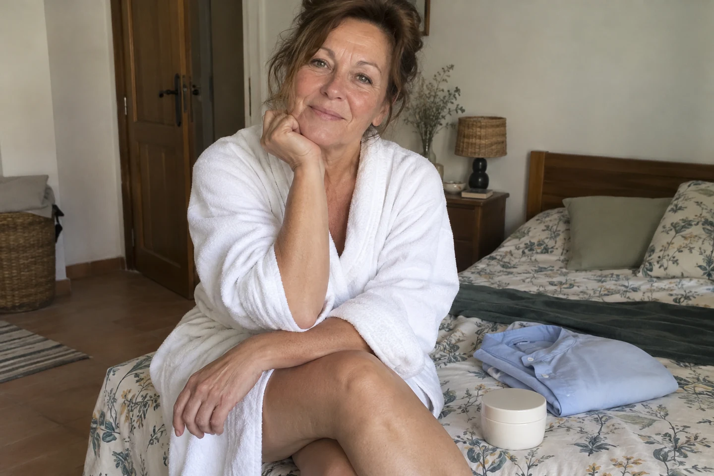 Femme en peignoir près d’un pot de crème corps fermé et d’un vêtement plié.