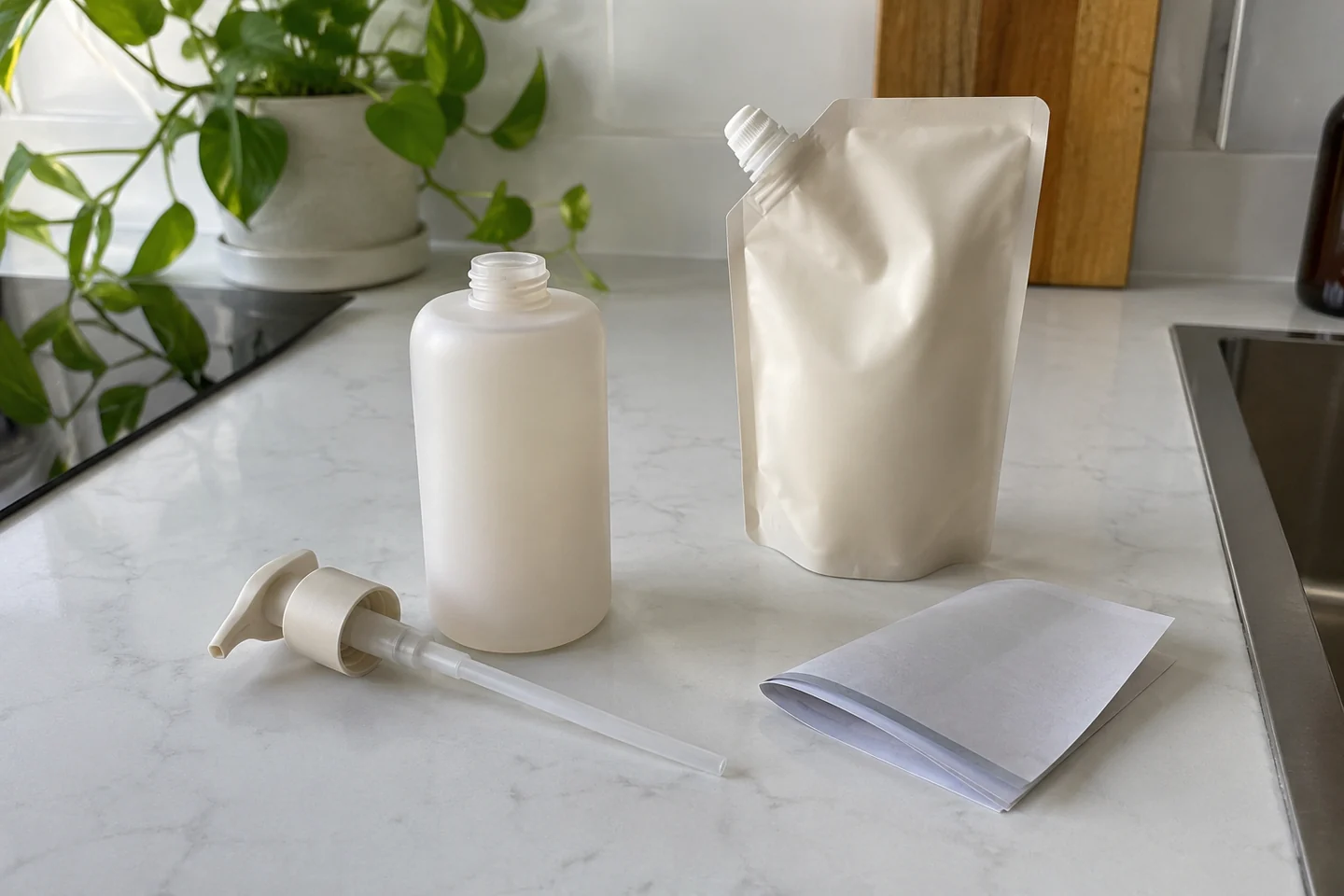 Une recharge souple et un flacon à pompe sont posés sur une table.