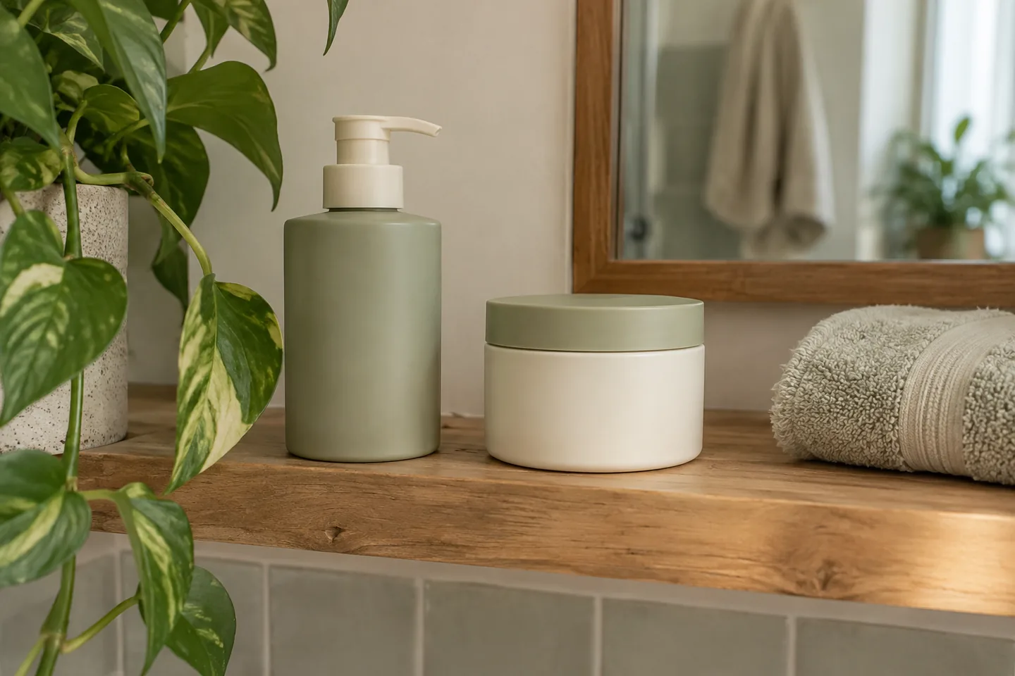 Deux contenants de soins fermés et séparés sur une étagère de salle de bain.