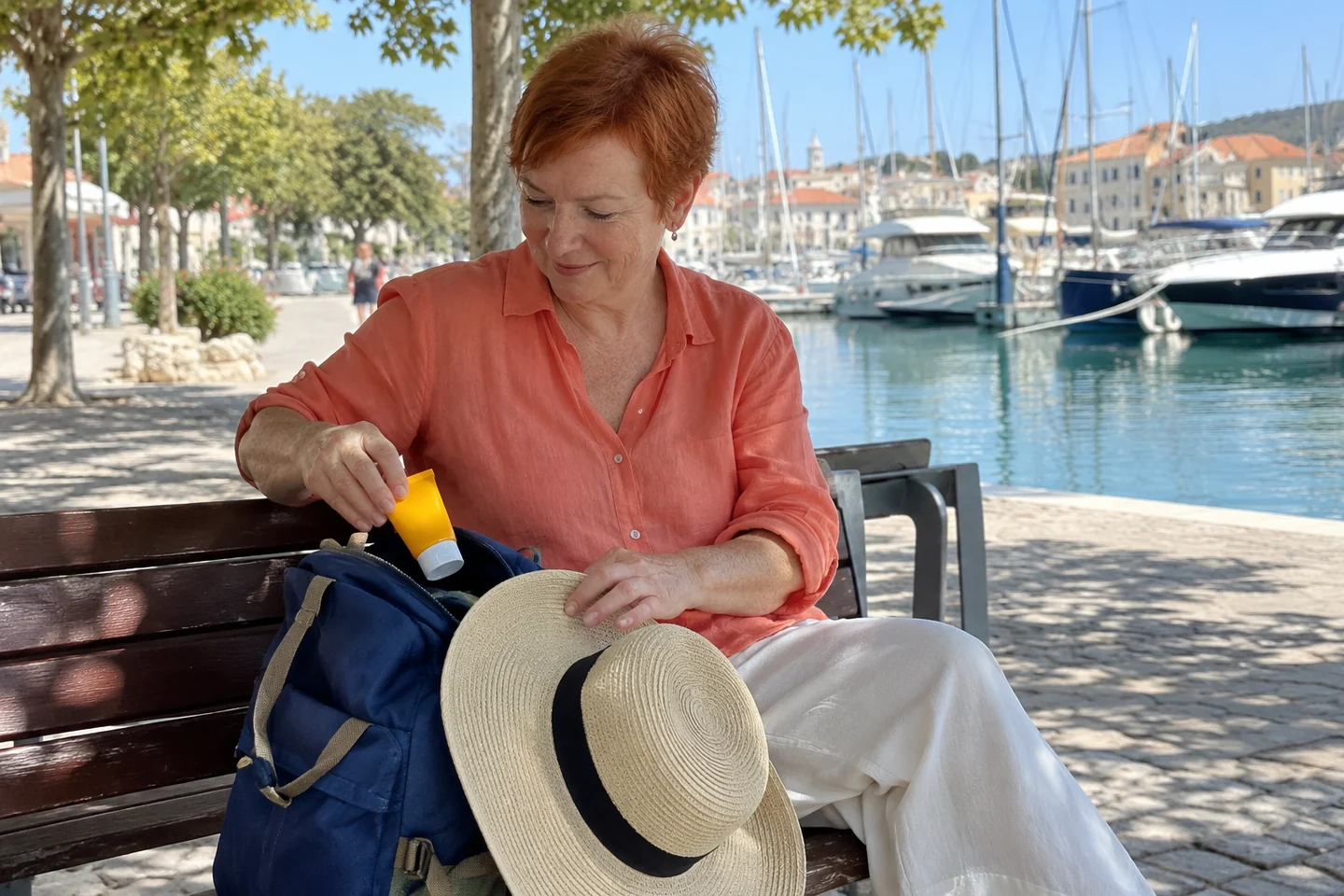 Une femme prépare sa protection solaire avant une sortie