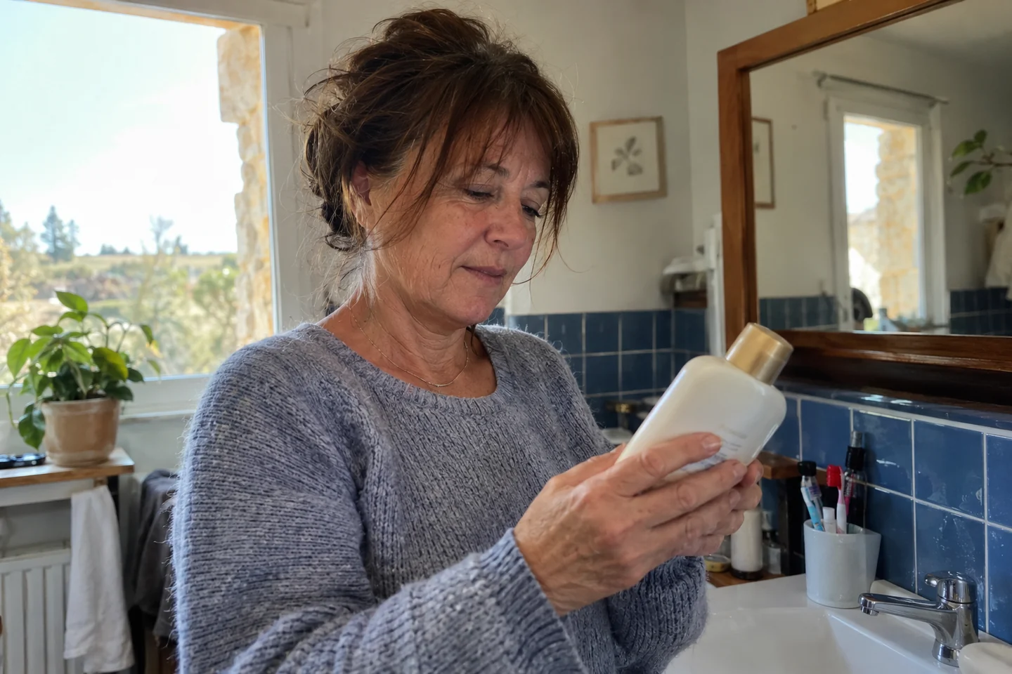 Une femme lit l’étiquette du produit