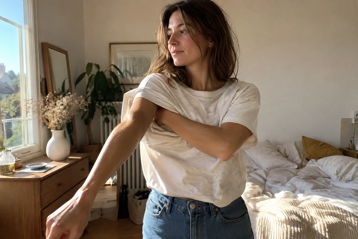 Une femme met un tee-shirt ample en lumière matinale