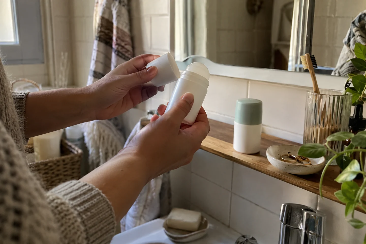 Deux produits pour aisselles non marqués sur une tablette