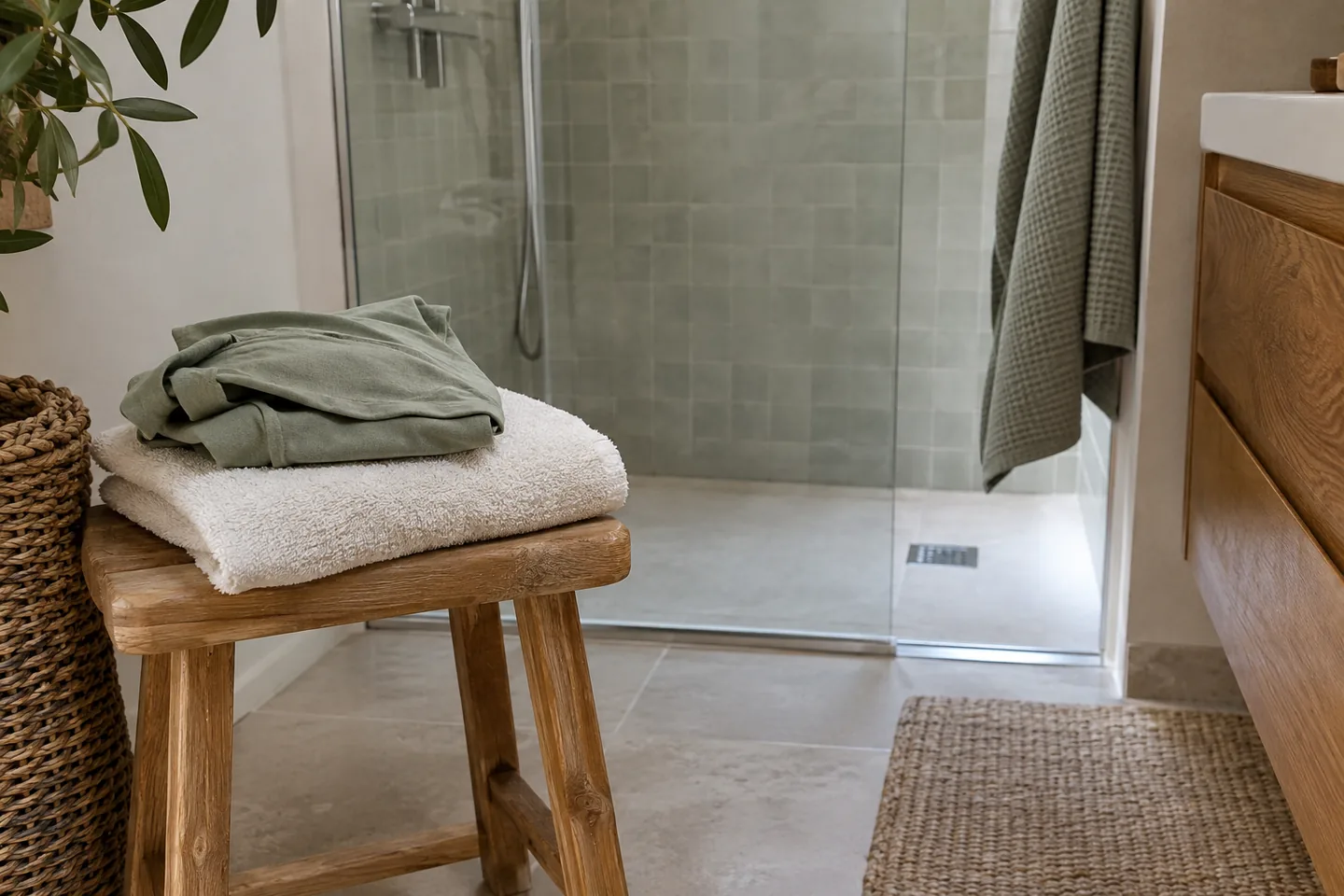 Serviette propre et vêtement de rechange posés près d’une cabine de douche vide