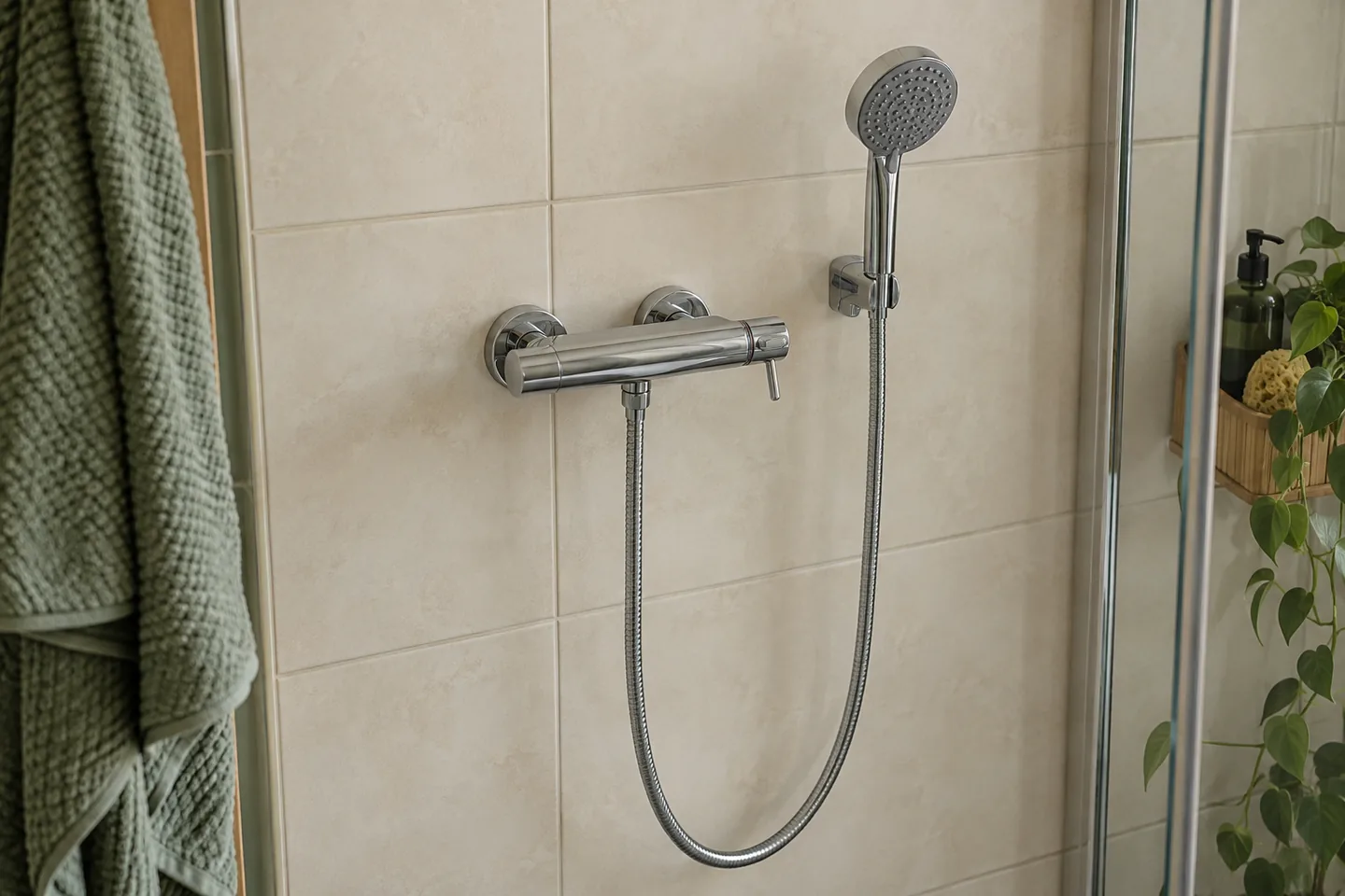 Robinet de douche et pommeau dans une cabine vide
