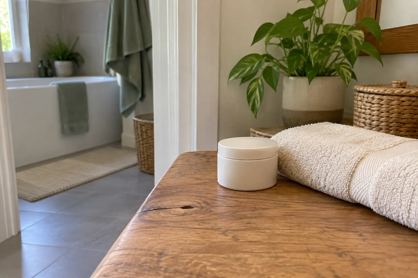 Serviette et pot de soin neutre fermé sur une petite table sèche