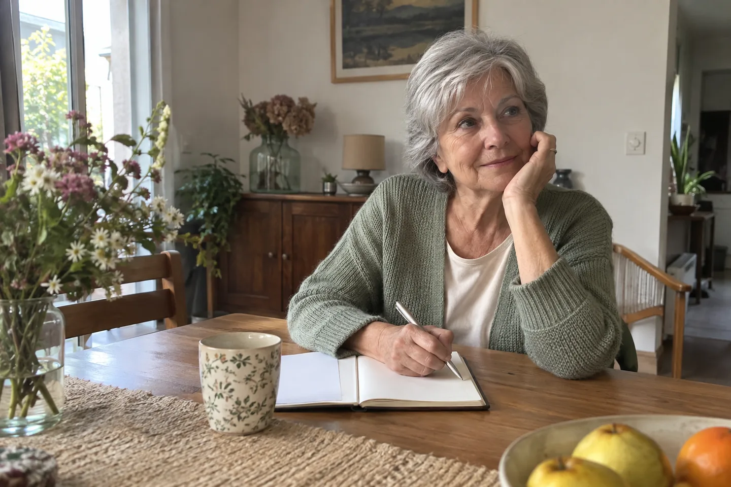 Femme habillée assise à une table avec un carnet ouvert sans texte lisible