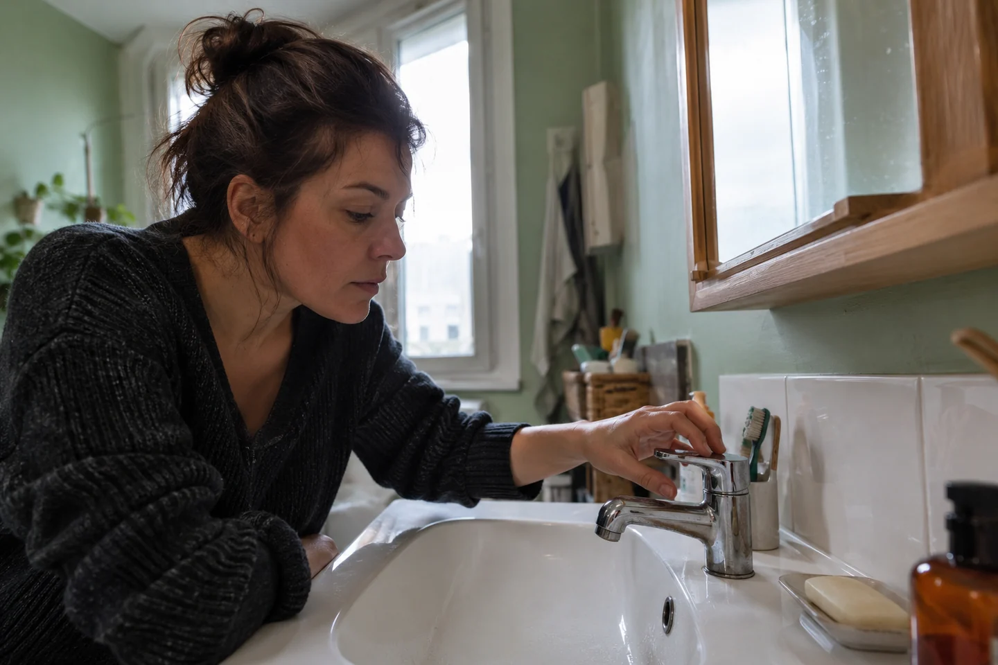 Une femme examine la robinetterie de sa salle de bain