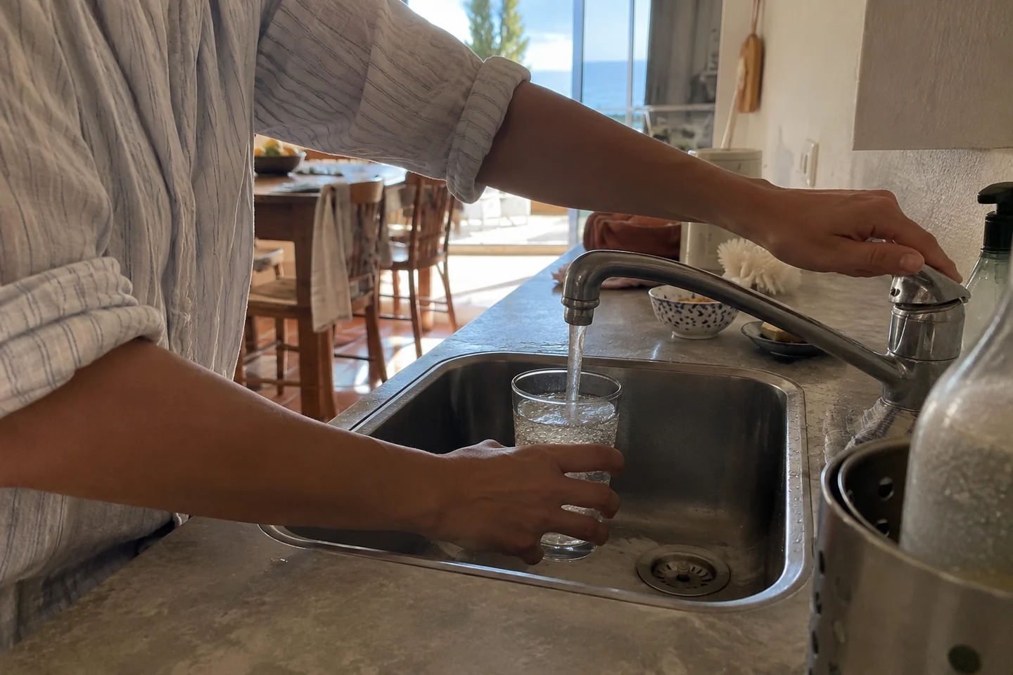Un robinet et un verre d’eau sur une paillasse
