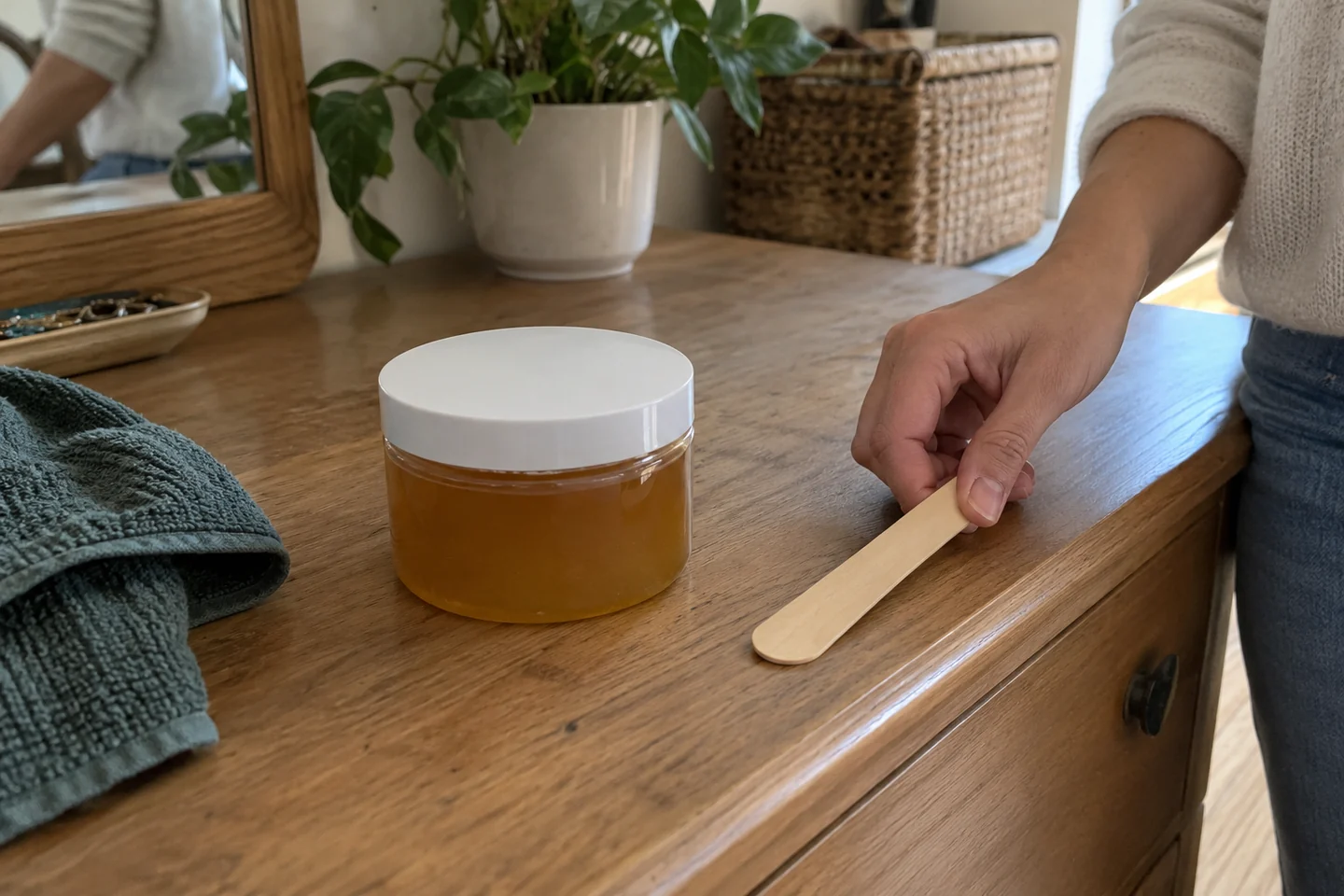 Une spatule propre près d’un pot de cire fermé