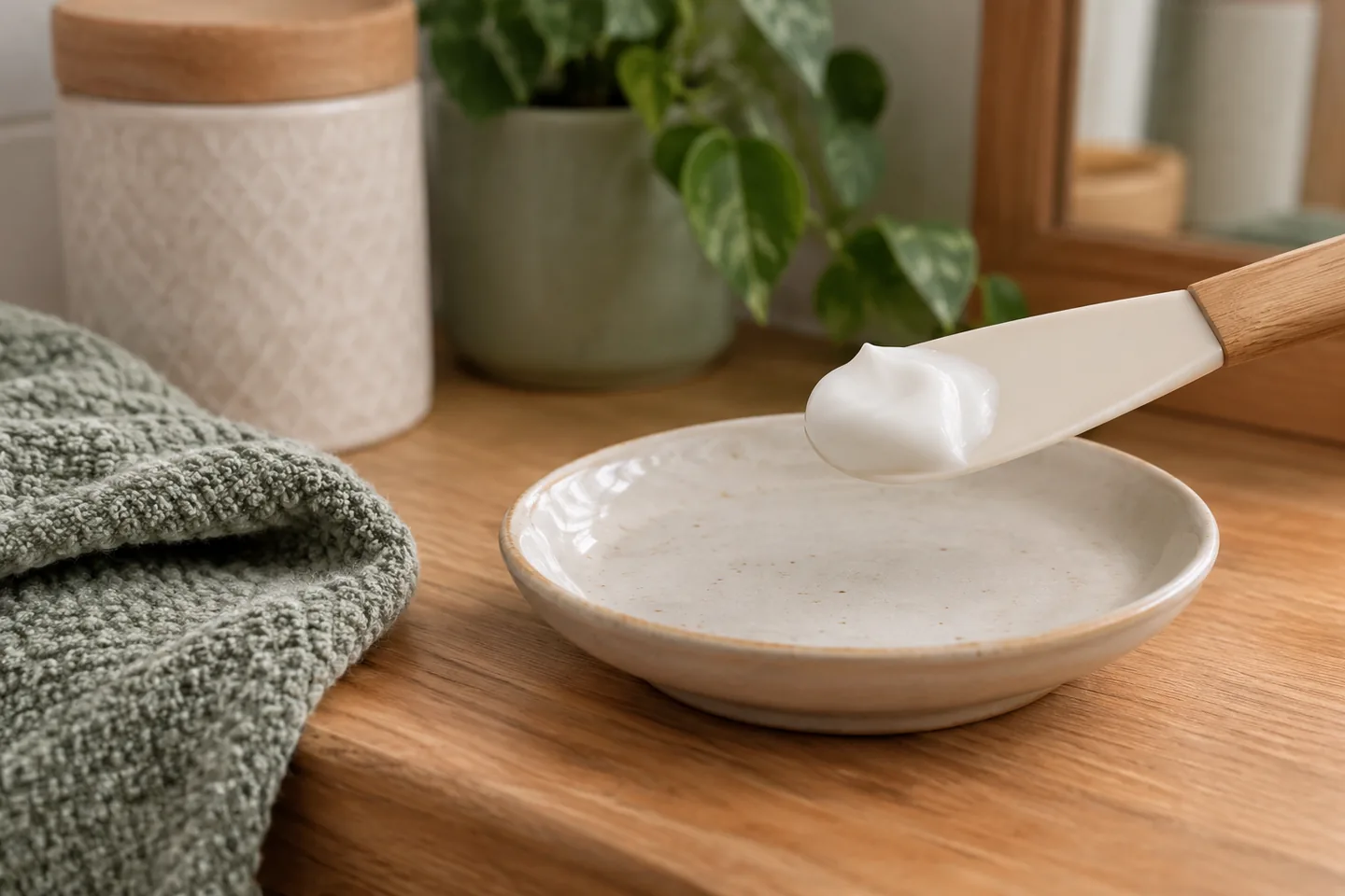 Petite quantité de crème blanche sur une spatule au-dessus d’une coupelle
