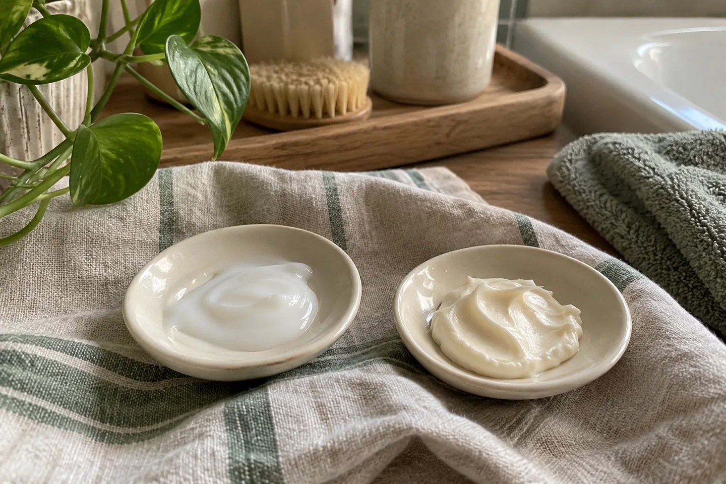 Deux textures de soins corporels dans des coupelles distinctes