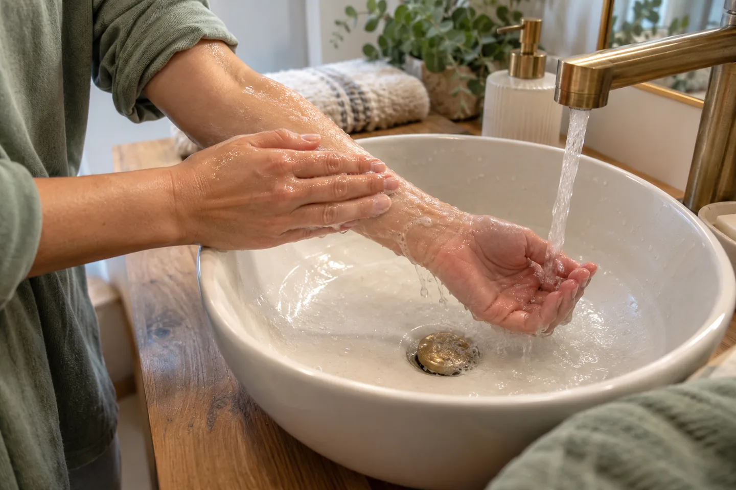 Rinçage doux d’un avant-bras au-dessus du lavabo