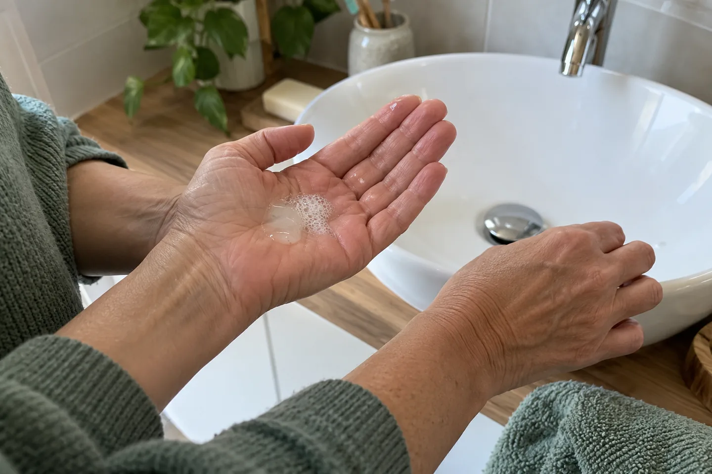 Petite quantité de nettoyant et mousse fine dans une paume