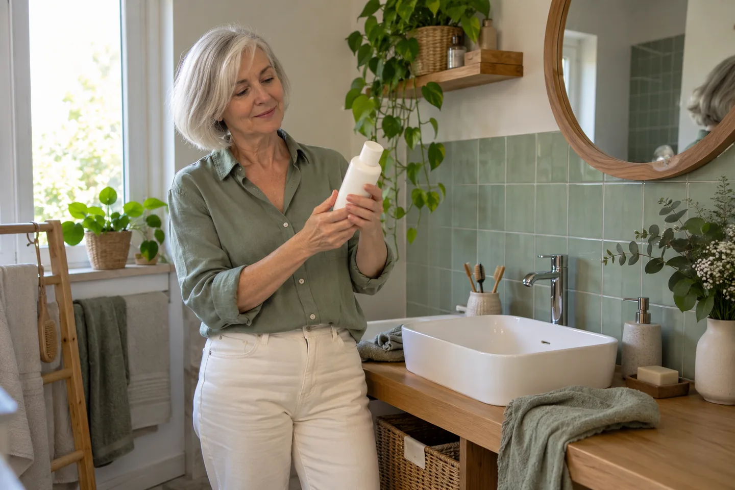 Femme aux cheveux gris lisant une bouteille près d’un lavabo