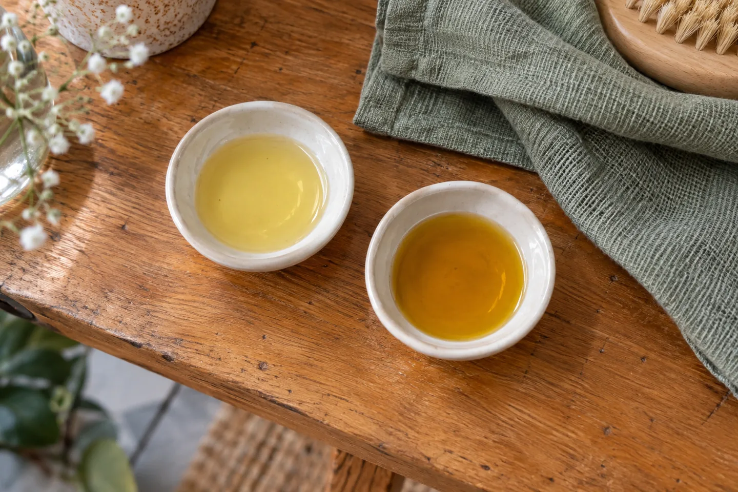 Deux petites coupelles contenant des huiles de teintes différentes sur une table