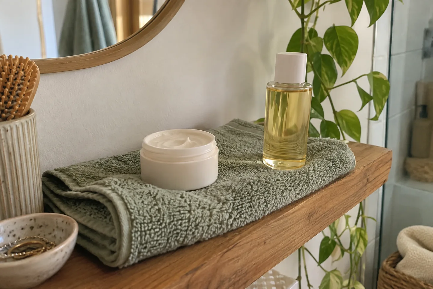 Pot de crème neutre et petite bouteille d’huile sur une serviette